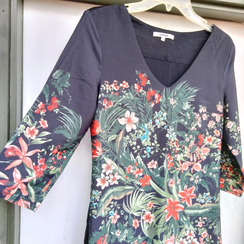 Koton Brand V-Neck Black Floral Dress 3/4 Sleeves Lined Women's Size 36 (XS/S) - Picture 2 of 15